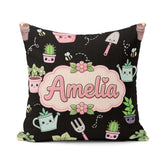 Custom Name Cute Kawaii Garden Plants Bees Seamless Pattern Name Square Filled Cushion Throw Pillow Sofa Bed Home Decor Zip Washable UK Made