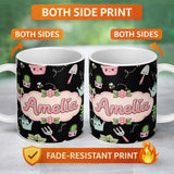 Personalized Custom Name Cute Kawaii Garden Tools Plants Bees Seamless Pattern Name Unique 11oz Ceramic Coffee Tea Mug White Large Handle