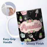 Personalized Custom Name Cute Kawaii Garden Tools Plants Bees Seamless Pattern Name Unique 11oz Ceramic Coffee Tea Mug White Large Handle