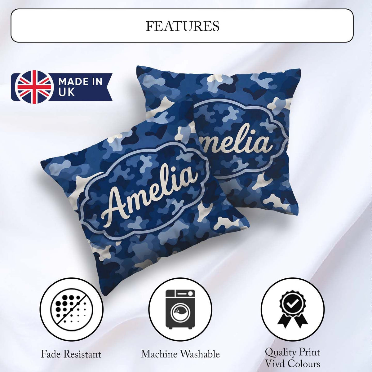 Custom Name Navy Blue Camouflage Layered Seamless Pattern Idea Square Filled Cushion Throw Pillow Sofa Bed Home Decor Zip Washable UK Made
