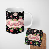 Personalized Custom Name Cute Kawaii Garden Tools Plants Bees Floral Seamless Pattern Name 11oz Ceramic Coffee Tea Mug White Large Handle