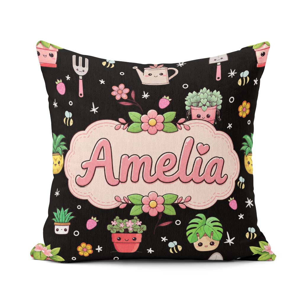 Custom Name Kawaii Garden Tools Plants Bees Floral Seamless Name Square Filled Cushion Throw Pillow Sofa Bed Home Decor Zip Washable UK Made