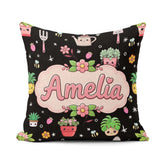 Custom Name Kawaii Garden Tools Plants Bees Floral Seamless Name Square Filled Cushion Throw Pillow Sofa Bed Home Decor Zip Washable UK Made