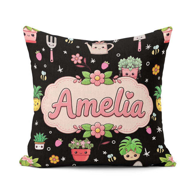 Custom Name Kawaii Garden Tools Plants Bees Floral Seamless Name Square Filled Cushion Throw Pillow Sofa Bed Home Decor Zip Washable UK Made