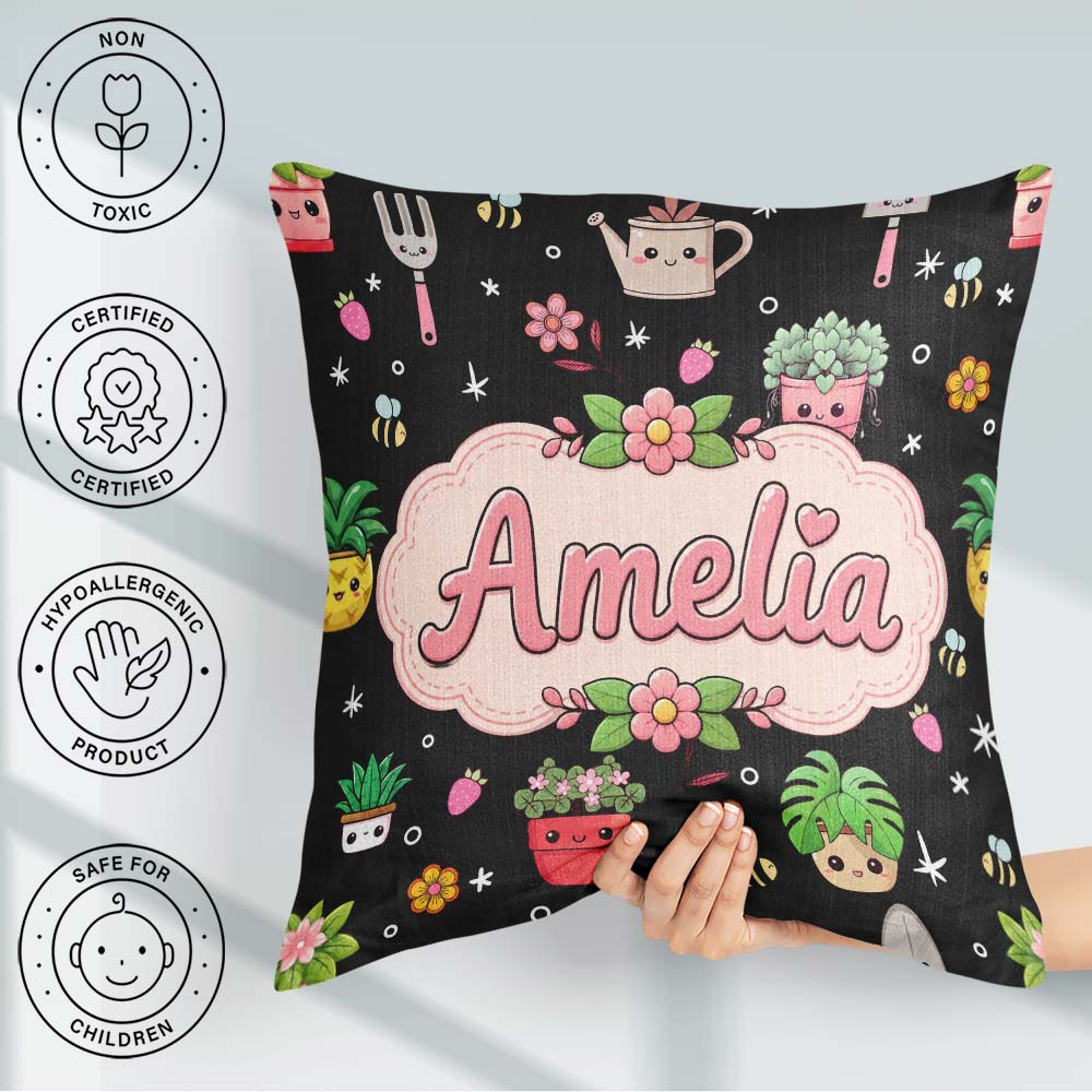 Custom Name Kawaii Garden Tools Plants Bees Floral Seamless Name Square Filled Cushion Throw Pillow Sofa Bed Home Decor Zip Washable UK Made