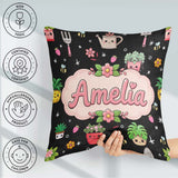 Custom Name Kawaii Garden Tools Plants Bees Floral Seamless Name Square Filled Cushion Throw Pillow Sofa Bed Home Decor Zip Washable UK Made