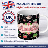 Personalized Custom Name Cute Kawaii Garden Tools Plants Bees Floral Seamless Pattern Name 11oz Ceramic Coffee Tea Mug White Large Handle