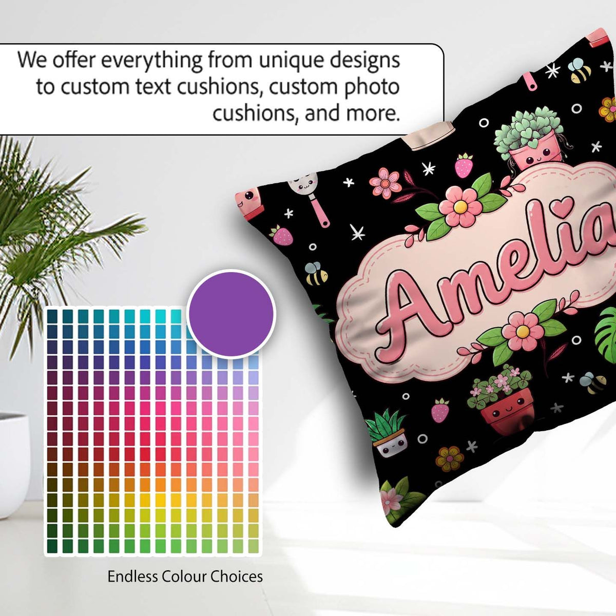 Custom Name Kawaii Garden Tools Plants Bees Floral Seamless Name Square Filled Cushion Throw Pillow Sofa Bed Home Decor Zip Washable UK Made