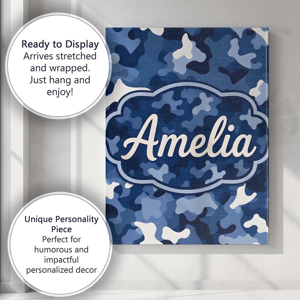 Personalised Name Navy Blue Camouflage Layered Seamless Pattern Custom  Statement Canvas Wall Art Print Decor Picture Ready to Hang
