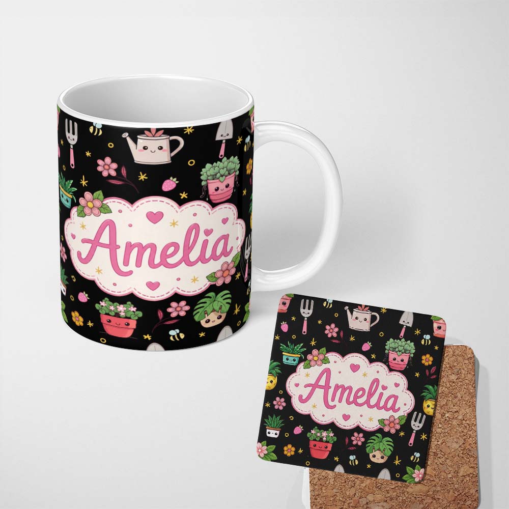 Personalized Custom Name Cute Kawaii Garden Tools Plants Bees Yellow Stars Seamless Pattern 11oz Ceramic Coffee Tea Mug White Large Handle