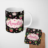 Personalized Custom Name Cute Kawaii Garden Tools Plants Bees Yellow Stars Seamless Pattern 11oz Ceramic Coffee Tea Mug White Large Handle