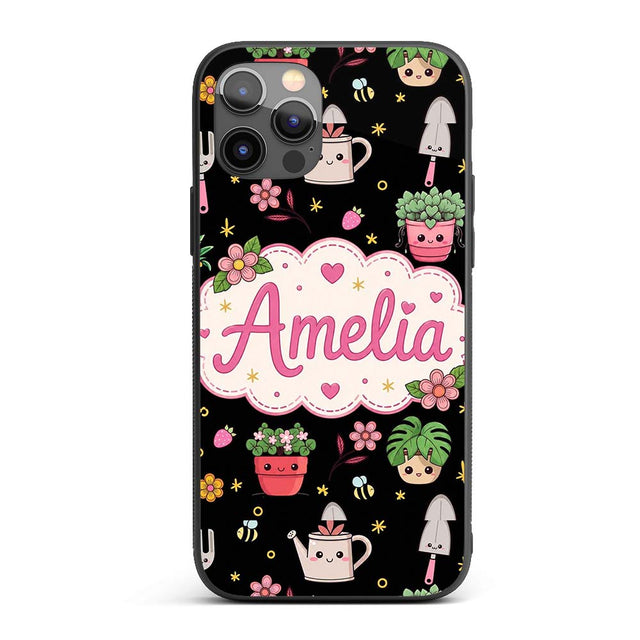 Cute Kawaii Garden Tools Plants Bees Yellow Stars Custom Name Protective Phone Case Mobile Cover Durable Everyday Smartphone Shock Resistant