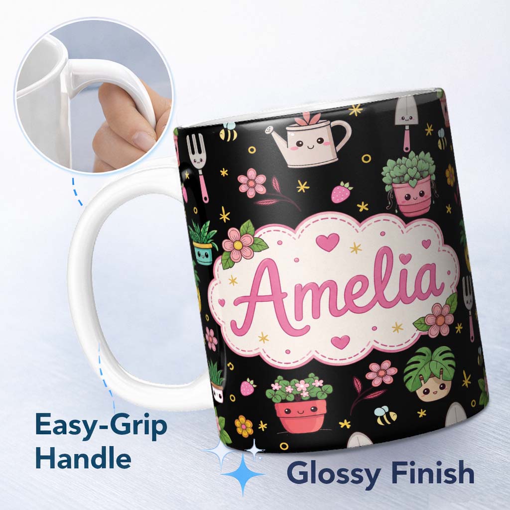Personalized Custom Name Cute Kawaii Garden Tools Plants Bees Yellow Stars Seamless Pattern 11oz Ceramic Coffee Tea Mug White Large Handle
