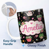 Personalized Custom Name Cute Kawaii Garden Tools Plants Bees Yellow Stars Seamless Pattern 11oz Ceramic Coffee Tea Mug White Large Handle