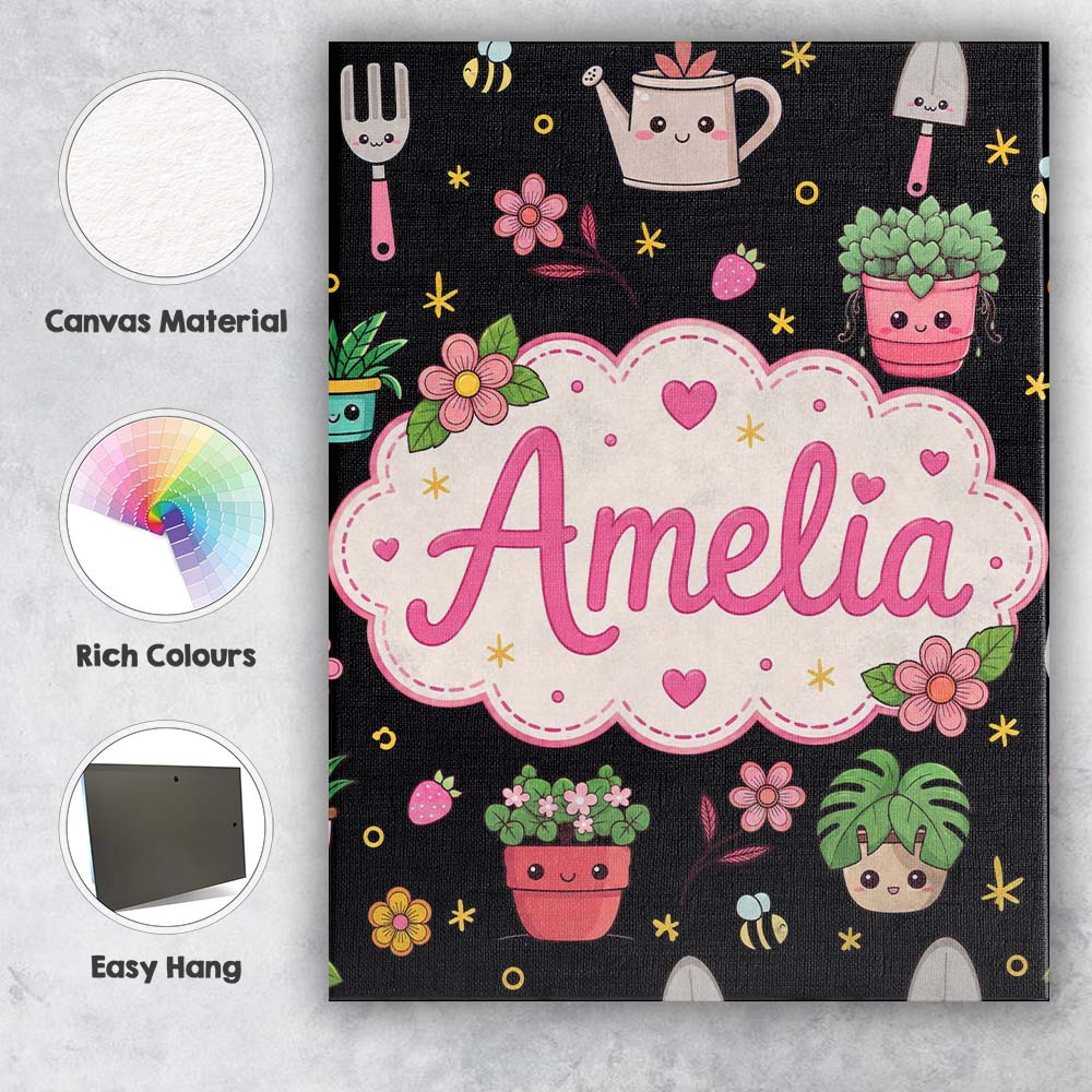 Personalised Name Cute Kawaii Garden Tools Custom  Unique Gift Idea Elegant Feature Canvas Wall Art Print Decor Picture Ready to Hang