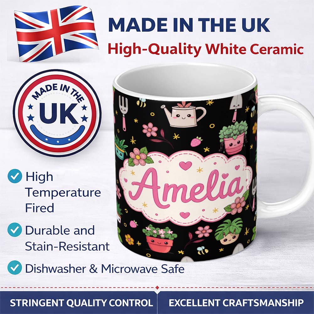 Personalized Custom Name Cute Kawaii Garden Tools Plants Bees Yellow Stars Seamless Pattern 11oz Ceramic Coffee Tea Mug White Large Handle