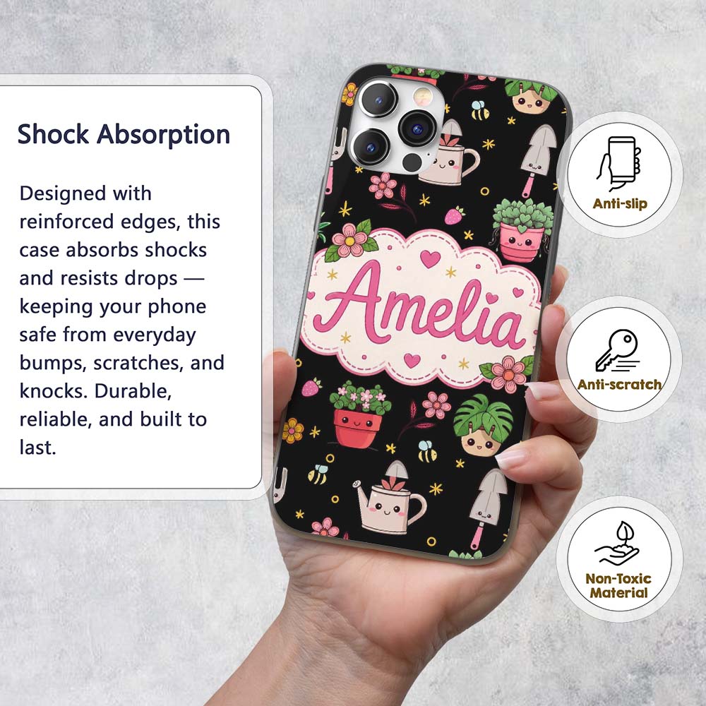 Cute Kawaii Garden Tools Plants Bees Yellow Stars Custom Name Protective Phone Case Mobile Cover Durable Everyday Smartphone Shock Resistant
