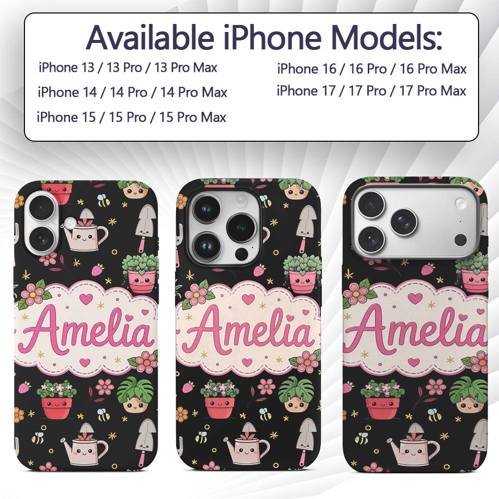 Cute Kawaii Garden Tools Plants Bees Yellow Stars Custom Name Protective Phone Case Mobile Cover Durable Everyday Smartphone Shock Resistant