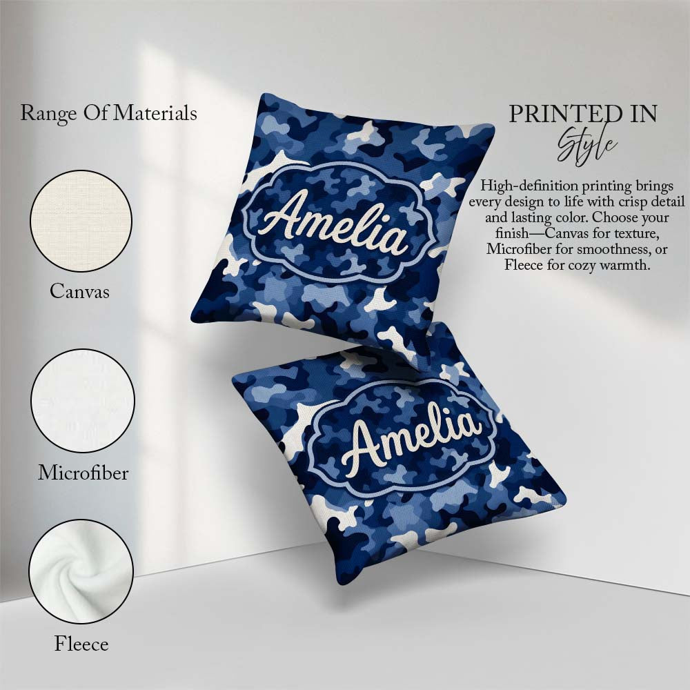 Custom Name Navy Blue Camouflage Layered Seamless Pattern Idea Square Filled Cushion Throw Pillow Sofa Bed Home Decor Zip Washable UK Made
