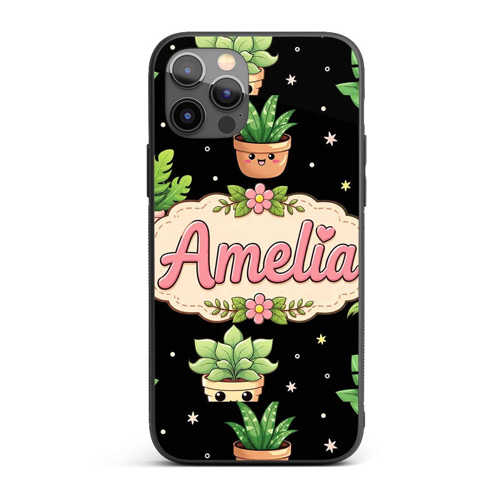 Cute Kawaii Succulent Plant Pots Minimal Grey Custom Name Protective Phone Case Mobile Cover Durable Everyday Smartphone Shock Resistant
