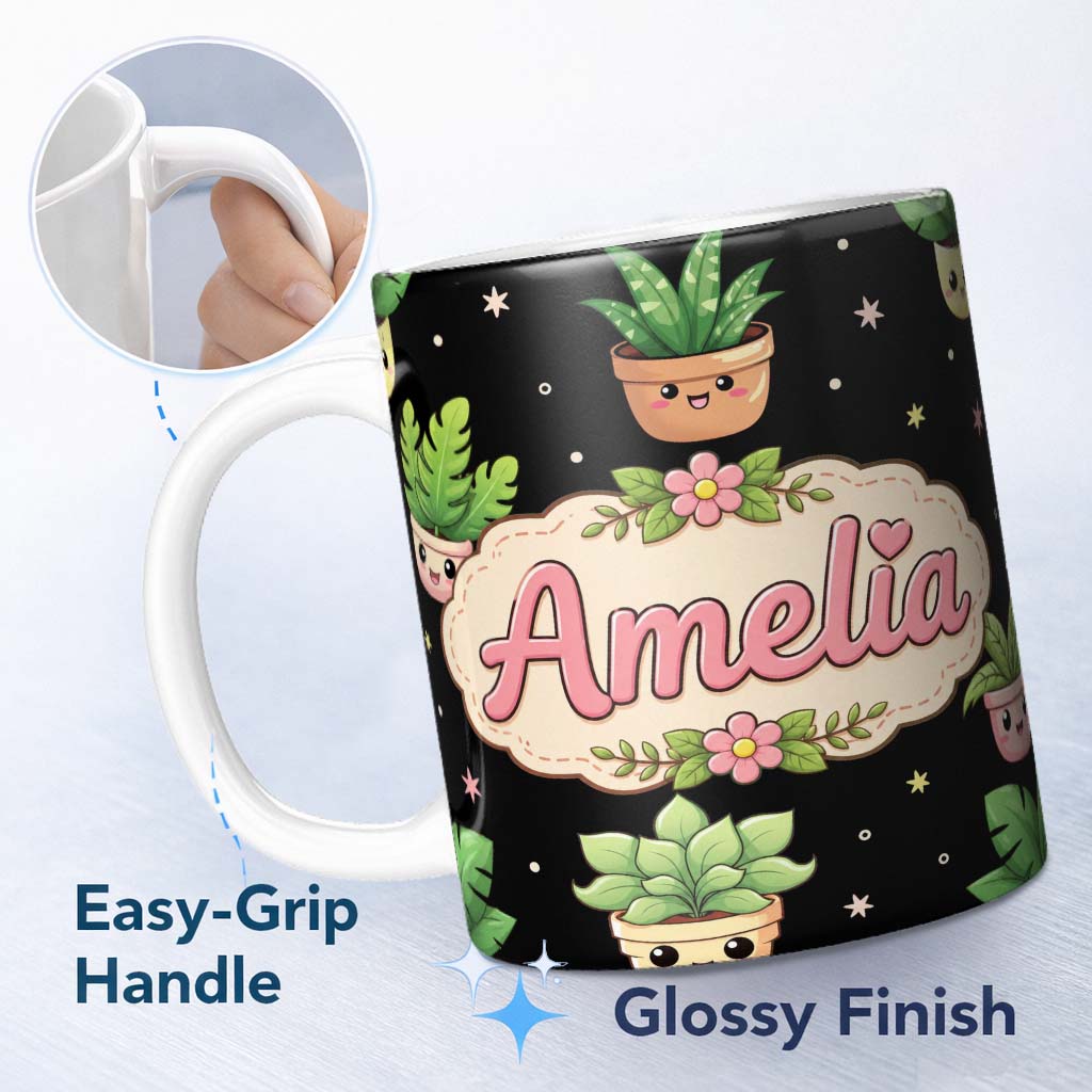 Personalized Custom Name Cute Kawaii Succulent Plant Pots Minimal Grey Seamless Pattern 11oz Ceramic Coffee Tea Mug White Large Handle
