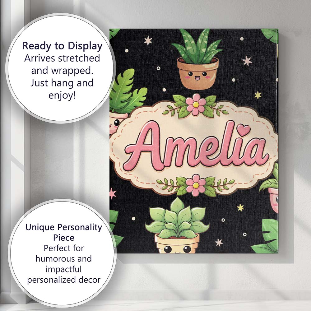 Personalised Name Cute Kawaii Succulent Custom  Modern Room Accent Elegant Feature Canvas Wall Art Print Decor Picture Ready to Hang