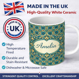 Personalized Custom Name Floral Daisy Motif Cream Orange Seamless Pattern Cute Unique Gift 11oz Ceramic Coffee Tea Mug White Large Handle
