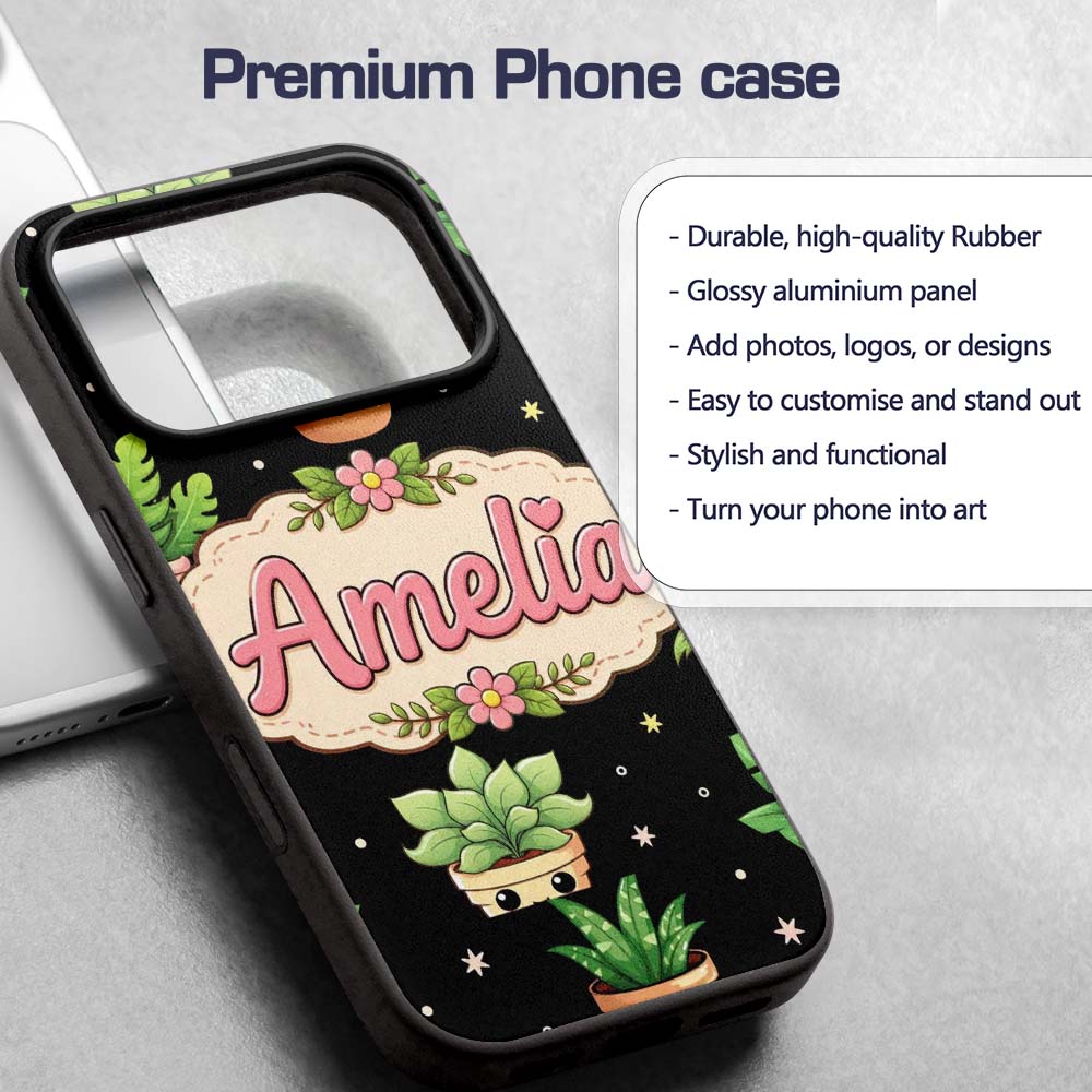 Cute Kawaii Succulent Plant Pots Minimal Grey Custom Name Protective Phone Case Mobile Cover Durable Everyday Smartphone Shock Resistant