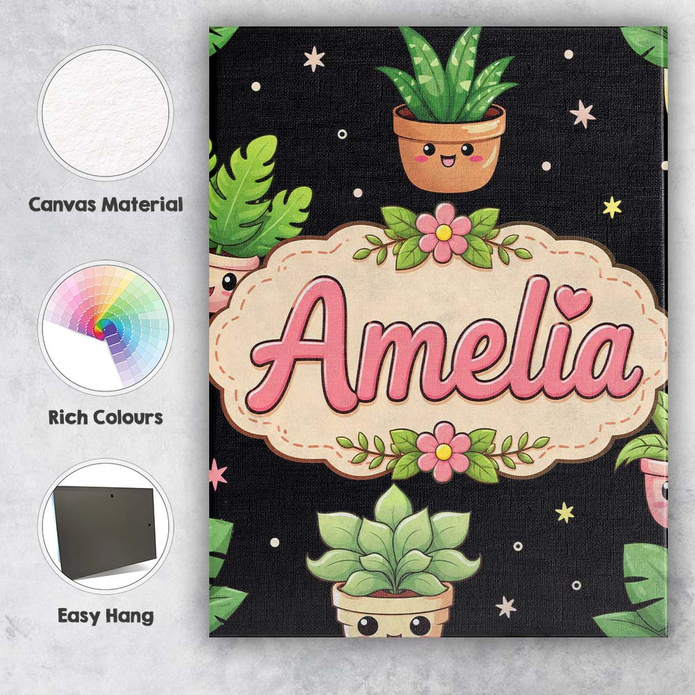 Personalised Name Cute Kawaii Succulent Custom  Modern Room Accent Elegant Feature Canvas Wall Art Print Decor Picture Ready to Hang