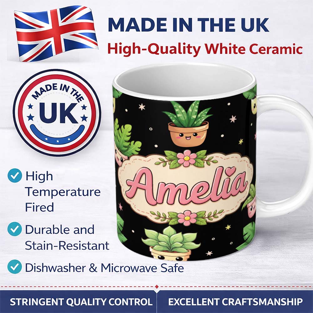 Personalized Custom Name Cute Kawaii Succulent Plant Pots Minimal Grey Seamless Pattern 11oz Ceramic Coffee Tea Mug White Large Handle