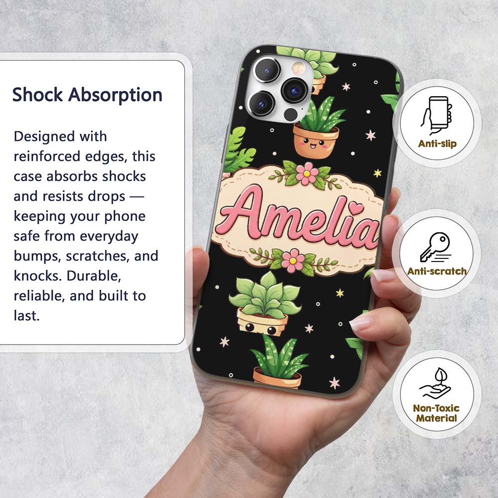 Cute Kawaii Succulent Plant Pots Minimal Grey Custom Name Protective Phone Case Mobile Cover Durable Everyday Smartphone Shock Resistant