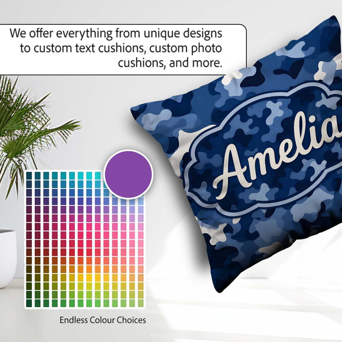 Custom Name Navy Blue Camouflage Layered Seamless Pattern Idea Square Filled Cushion Throw Pillow Sofa Bed Home Decor Zip Washable UK Made