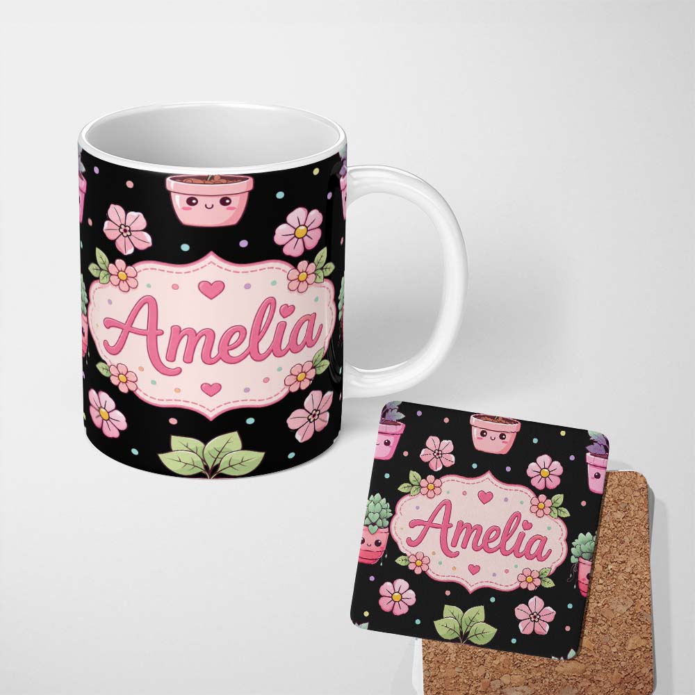 Personalized Custom Name Cute Kawaii Floral Plant Pots Pastel Dots Seamless Pattern Name 11oz Ceramic Coffee Tea Mug White Large Handle