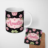 Personalized Custom Name Cute Kawaii Floral Plant Pots Pastel Dots Seamless Pattern Name 11oz Ceramic Coffee Tea Mug White Large Handle