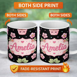 Personalized Custom Name Cute Kawaii Floral Plant Pots Pastel Dots Seamless Pattern Name 11oz Ceramic Coffee Tea Mug White Large Handle