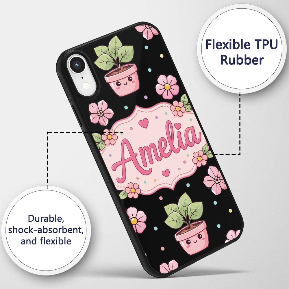 Cute Kawaii Floral Plant Pots Printed Design Custom Name Protective Phone Case Mobile Cover Durable Everyday Smartphone Shock Resistant