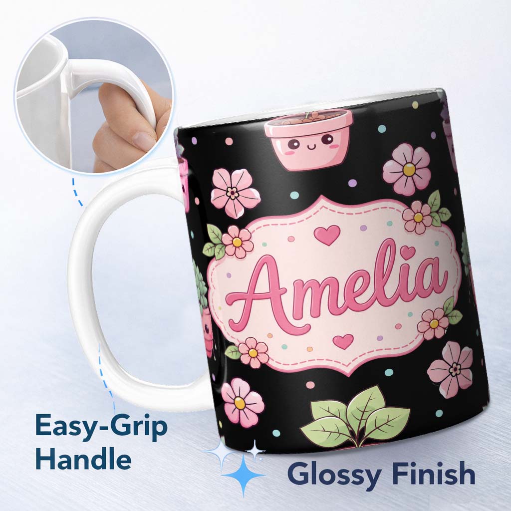 Personalized Custom Name Cute Kawaii Floral Plant Pots Pastel Dots Seamless Pattern Name 11oz Ceramic Coffee Tea Mug White Large Handle