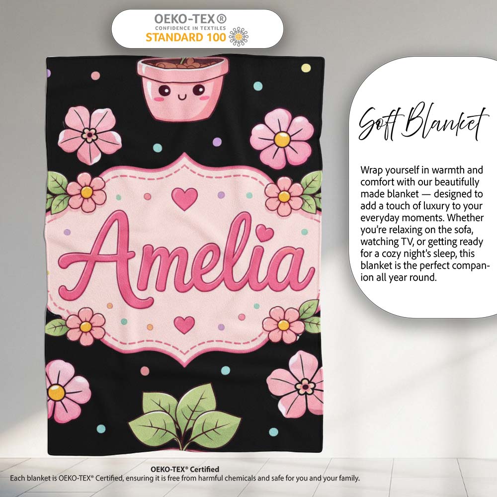 Cute Kawaii Floral Plant Pots Pastel Dots Seamless Pattern Name  Personalised Custom Name Super Soft Fleece Blanket Bed Sofa Throw