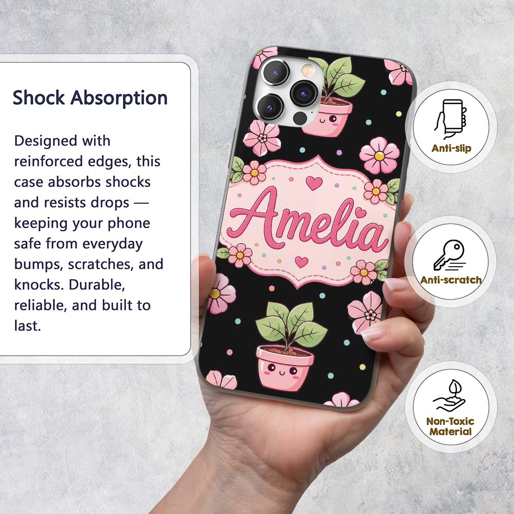 Cute Kawaii Floral Plant Pots Printed Design Custom Name Protective Phone Case Mobile Cover Durable Everyday Smartphone Shock Resistant