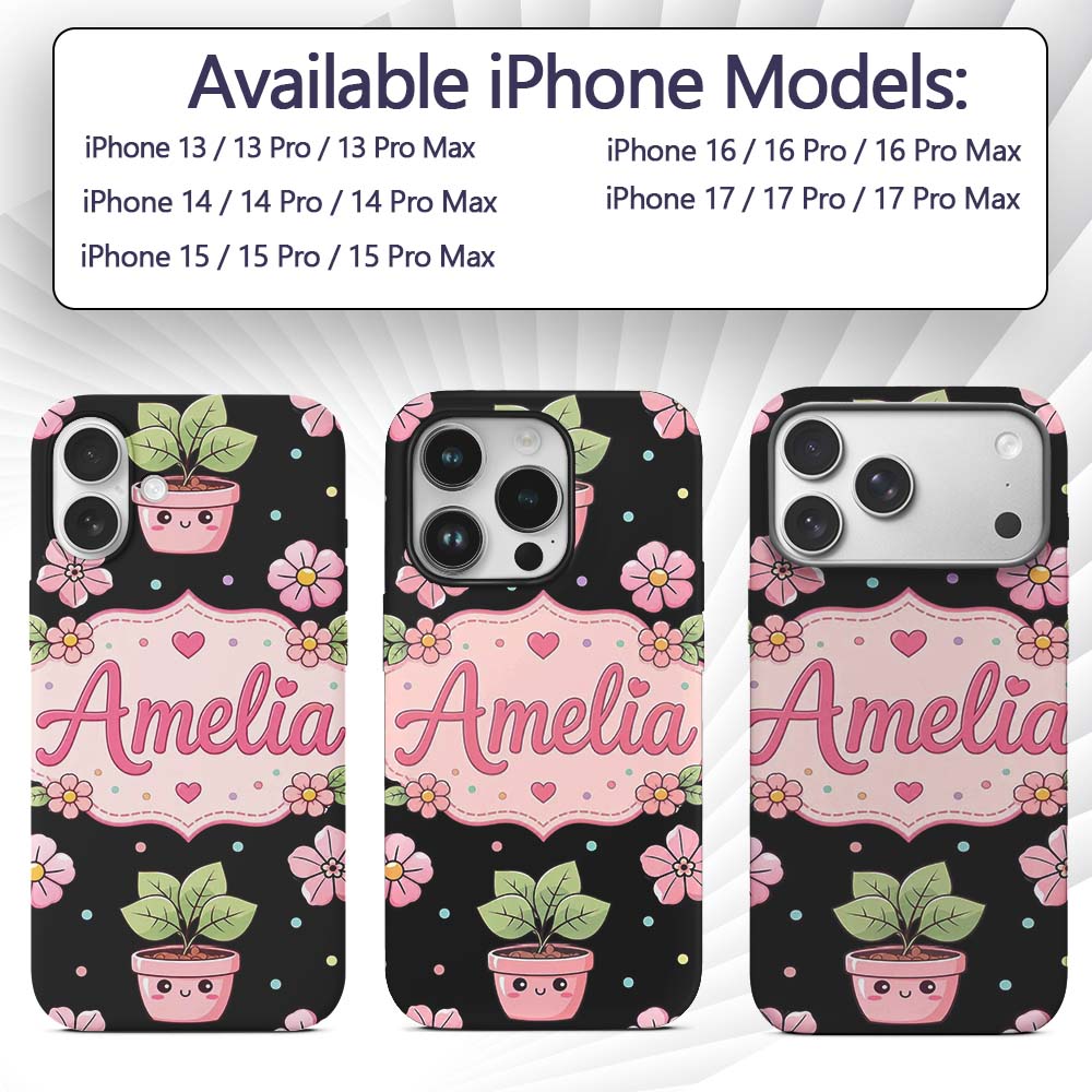 Cute Kawaii Floral Plant Pots Printed Design Custom Name Protective Phone Case Mobile Cover Durable Everyday Smartphone Shock Resistant
