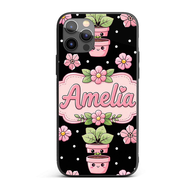 Cute Kawaii Pink Flower Pot Smiling Face Floral Custom Name Protective Phone Case Mobile Cover Durable Everyday Smartphone Shock Resistant