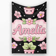 Cute Kawaii Pink Flower Pot Smiling Face Floral Seamless Pattern  Personalised Custom Name Super Soft Fleece Blanket Bed Sofa Throw