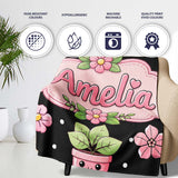 Cute Kawaii Pink Flower Pot Smiling Face Floral Seamless Pattern  Personalised Custom Name Super Soft Fleece Blanket Bed Sofa Throw