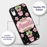 Cute Kawaii Pink Flower Pot Smiling Face Floral Custom Name Protective Phone Case Mobile Cover Durable Everyday Smartphone Shock Resistant