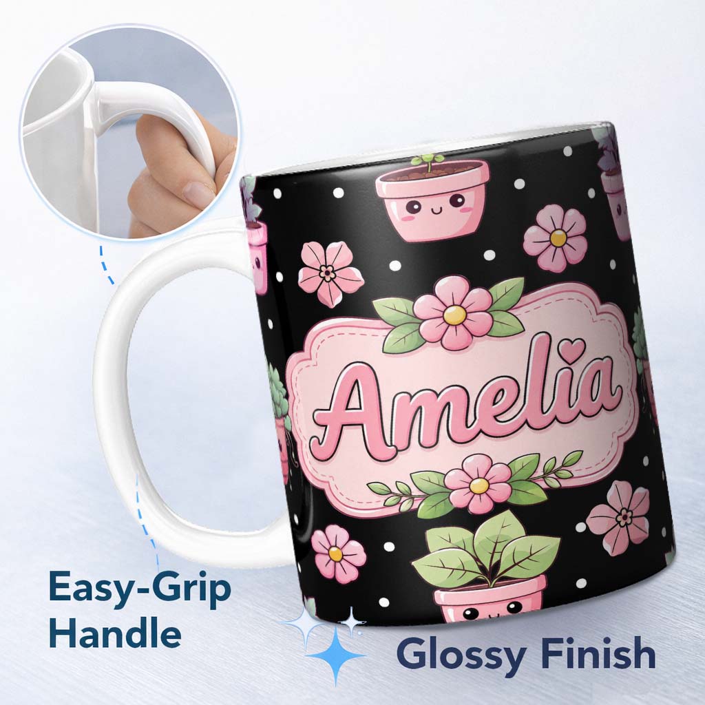 Personalized Custom Name Cute Kawaii Pink Flower Pot Smiling Face Floral Seamless Pattern 11oz Ceramic Coffee Tea Mug White Large Handle