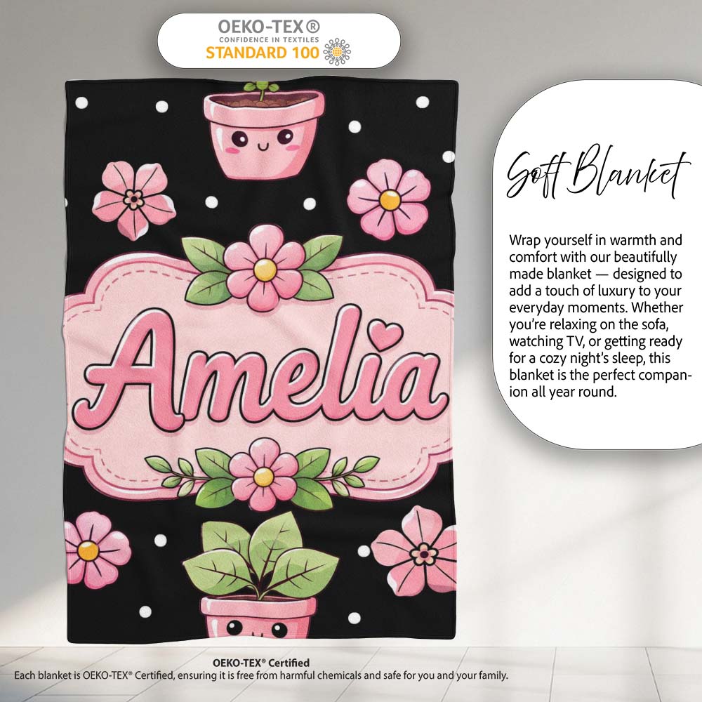 Cute Kawaii Pink Flower Pot Smiling Face Floral Seamless Pattern  Personalised Custom Name Super Soft Fleece Blanket Bed Sofa Throw