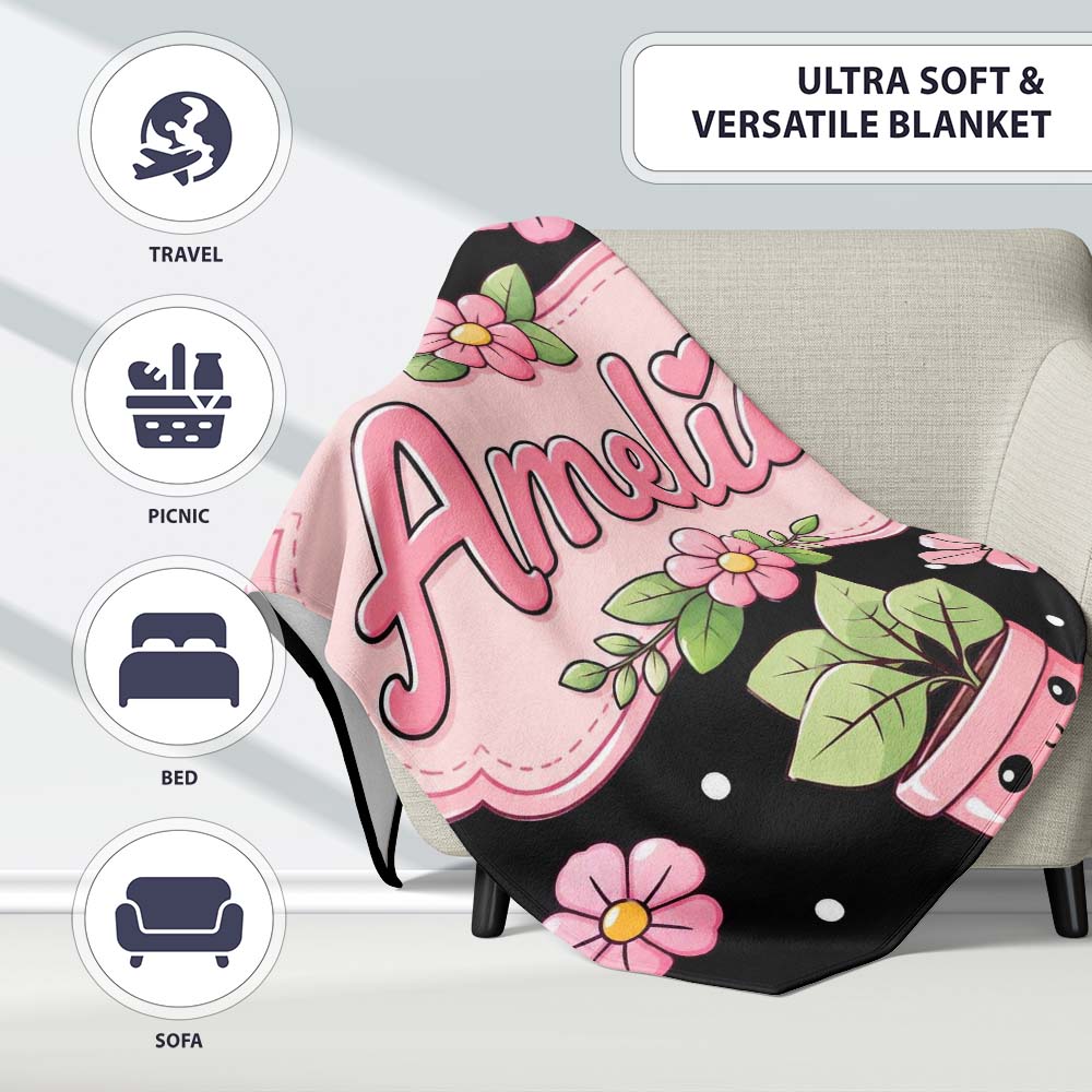 Cute Kawaii Pink Flower Pot Smiling Face Floral Seamless Pattern  Personalised Custom Name Super Soft Fleece Blanket Bed Sofa Throw
