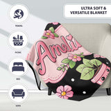 Cute Kawaii Pink Flower Pot Smiling Face Floral Seamless Pattern  Personalised Custom Name Super Soft Fleece Blanket Bed Sofa Throw