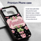 Cute Kawaii Pink Flower Pot Smiling Face Floral Custom Name Protective Phone Case Mobile Cover Durable Everyday Smartphone Shock Resistant