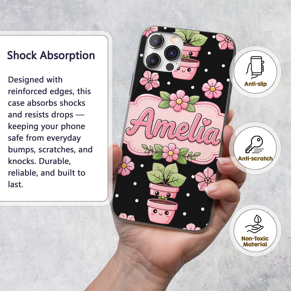 Cute Kawaii Pink Flower Pot Smiling Face Floral Custom Name Protective Phone Case Mobile Cover Durable Everyday Smartphone Shock Resistant